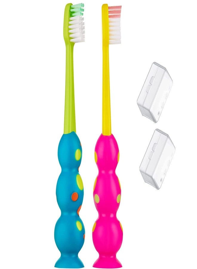 Trueocity Kids Toothbrush 2 Pack - Soft Contoured Bristles - Child Sized Brush Heads (3-10 Year Old) - Suction Cup for Fun & Easy Storage - Girl & Boy Set (2-Pack, Multi-Color) - Image 1
