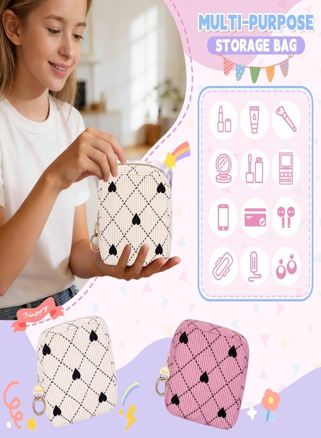 Playexen Corduroy Period Bag, Small Period Pouches for Teen Girls, Cute Sanitary Napkin Storage Bag, Compact Discreet Pad and Tampon Holder for Purse (Pink Hearts - Image 4