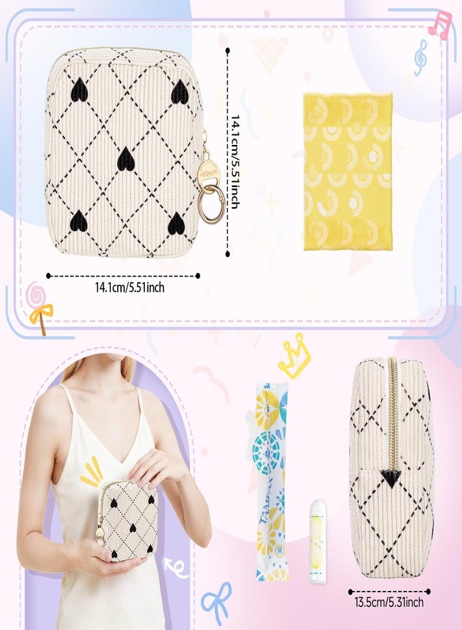 Playexen Corduroy Period Bag, Small Period Pouches for Teen Girls, Cute Sanitary Napkin Storage Bag, Compact Discreet Pad and Tampon Holder for Purse (Pink Hearts - Image 2