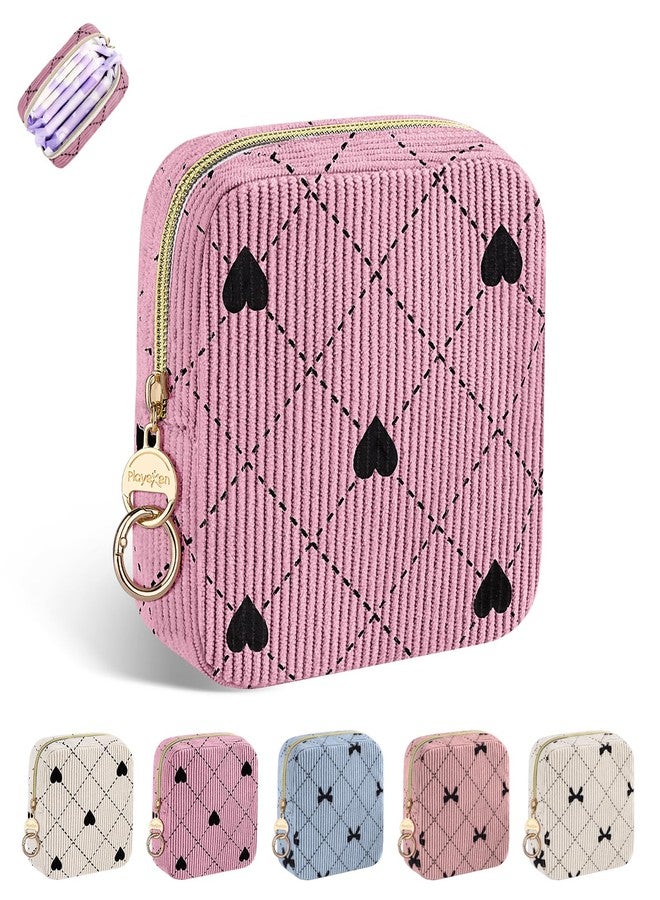 Playexen Corduroy Period Bag, Small Period Pouches for Teen Girls, Cute Sanitary Napkin Storage Bag, Compact Discreet Pad and Tampon Holder for Purse (Pink Hearts - Image 1