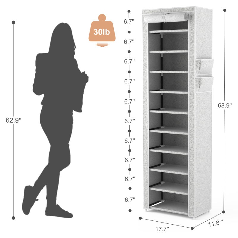VTRIN Vertical Narrow Shoe Rack Organizer Tall Shoe Rack for Closet Entryway 10 Tier Non-Woven Cover Shoe Shelf Holds 20-22 Pairs Free Standing Shoe Storage Cabinet with Dustproof Cover, Multi Color - Image 3