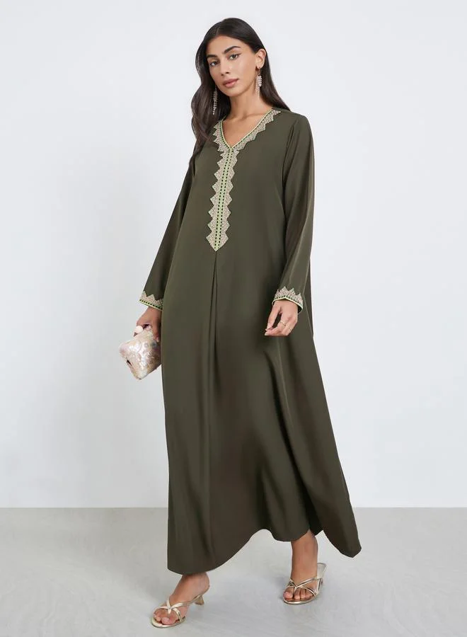 Amirah Olive Lace Trim V Neck Jalabiya