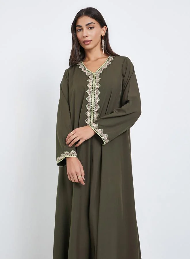 Amirah  Olive Lace Trim V Neck Jalabiya for Women | Best Price UAE