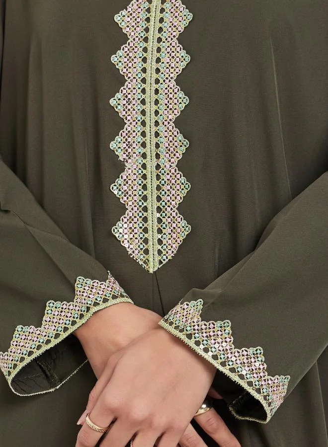 Amirah  Olive Lace Trim V Neck Jalabiya for Women | Best Price UAE
