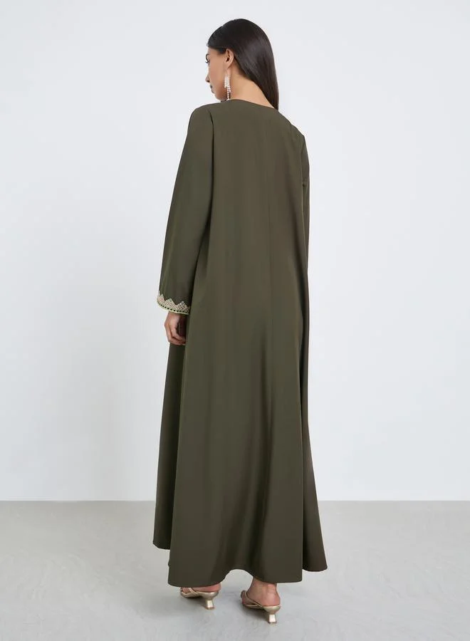 Amirah  Olive Lace Trim V Neck Jalabiya for Women | Best Price UAE