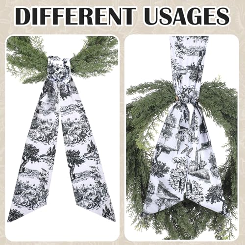 PartyforU Black Wreath Sash for Front Door - 2 Pcs Dark French Toile Sashes for Wreaths Home Decor, Rustic Wreath Sash for Embroidery Monogram Farmhouse Yard - Image 5