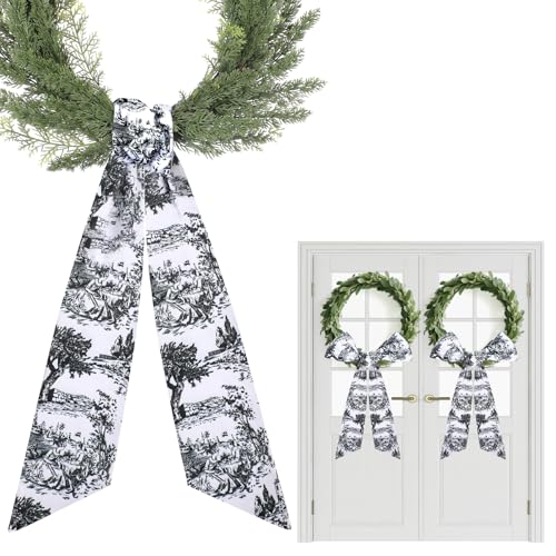 PartyforU Black Wreath Sash for Front Door - 2 Pcs Dark French Toile Sashes for Wreaths Home Decor, Rustic Wreath Sash for Embroidery Monogram Farmhouse Yard - Image 1