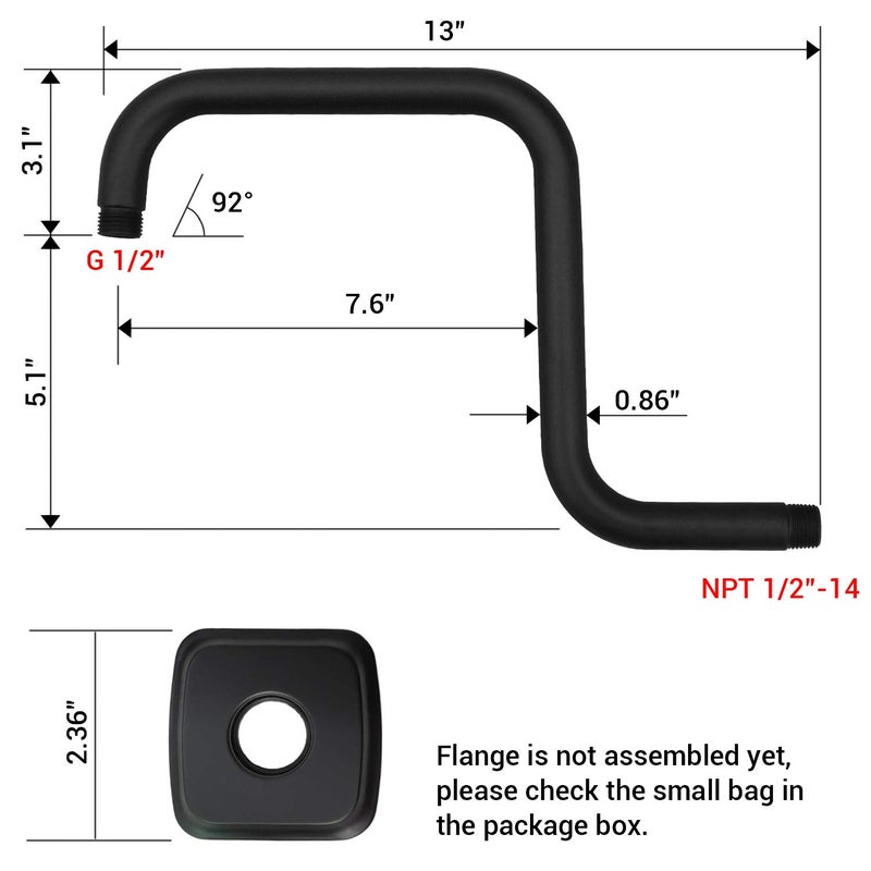 TRUSTMI 13 Inch S Shape Shower Arm with Flange, Solid Stainless Steel Heavy Duty High Rise Shower Pipe Replacement, Matte Black - Image 2