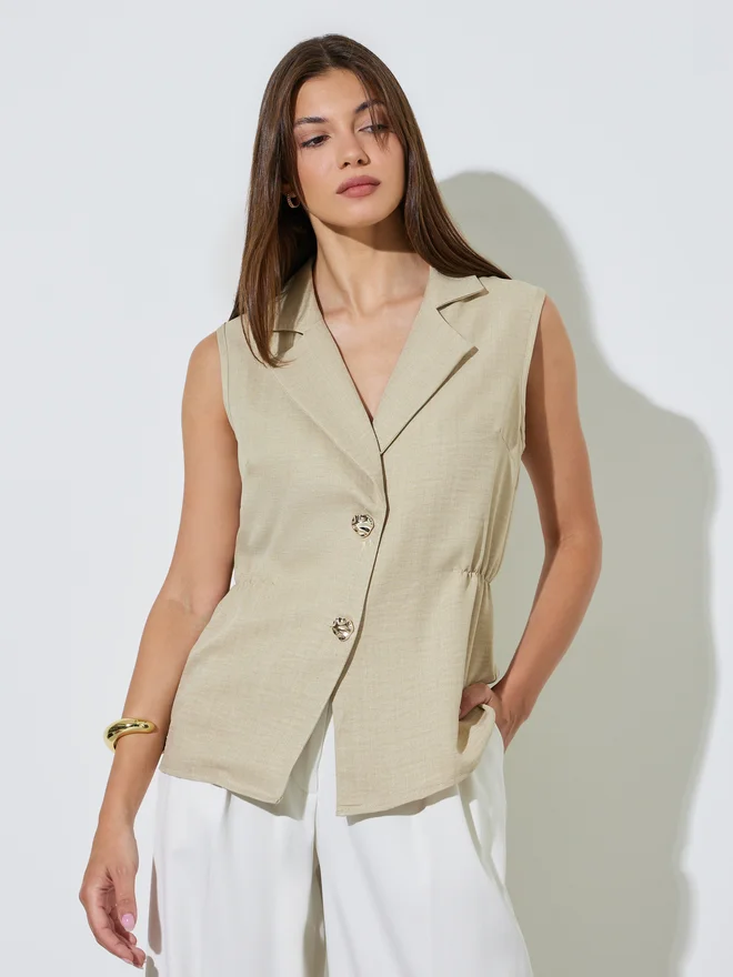 Styli green Styli Khaki Sleeveless Waistcoat for Women | Best Price UAE