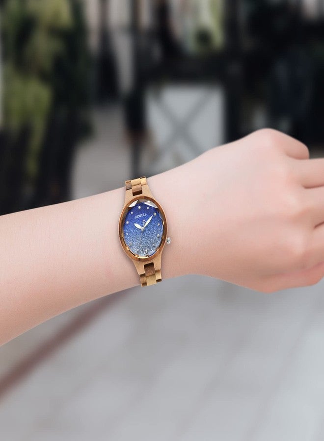 BEWELL Wood Watch for Women Handmade Colourful Wooden Quartz Wrist Watches with Starry Sky Dial, Blue, women standard, Japanese - Image 3