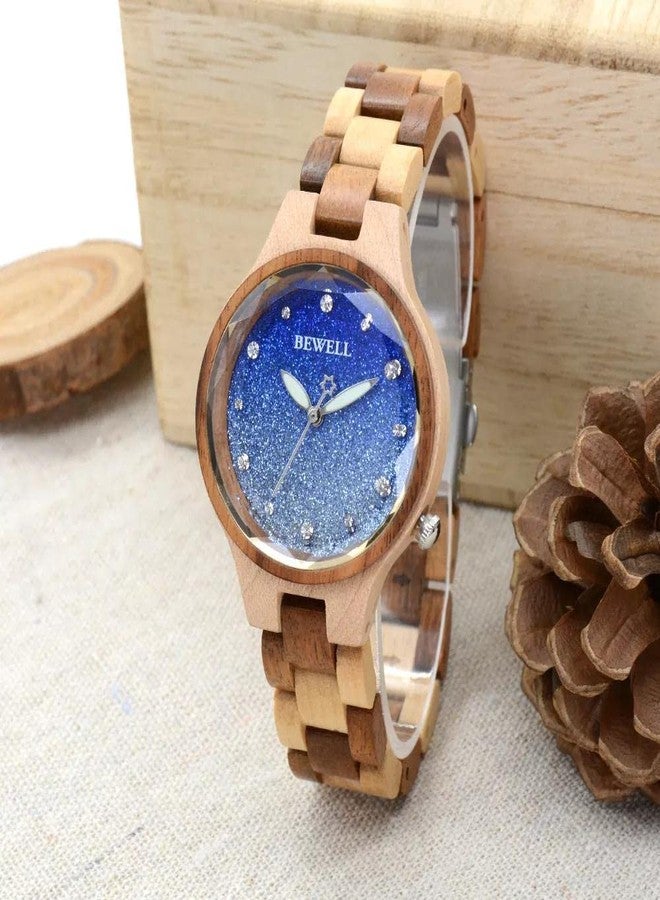 BEWELL Wood Watch for Women Handmade Colourful Wooden Quartz Wrist Watches with Starry Sky Dial, Blue, women standard, Japanese - Image 2