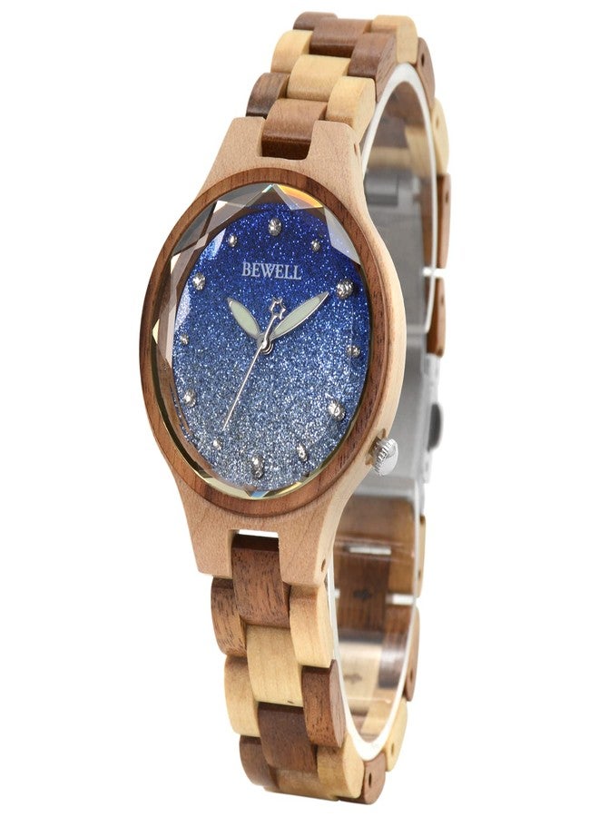 BEWELL Wood Watch for Women Handmade Colourful Wooden Quartz Wrist Watches with Starry Sky Dial, Blue, women standard, Japanese - Image 1