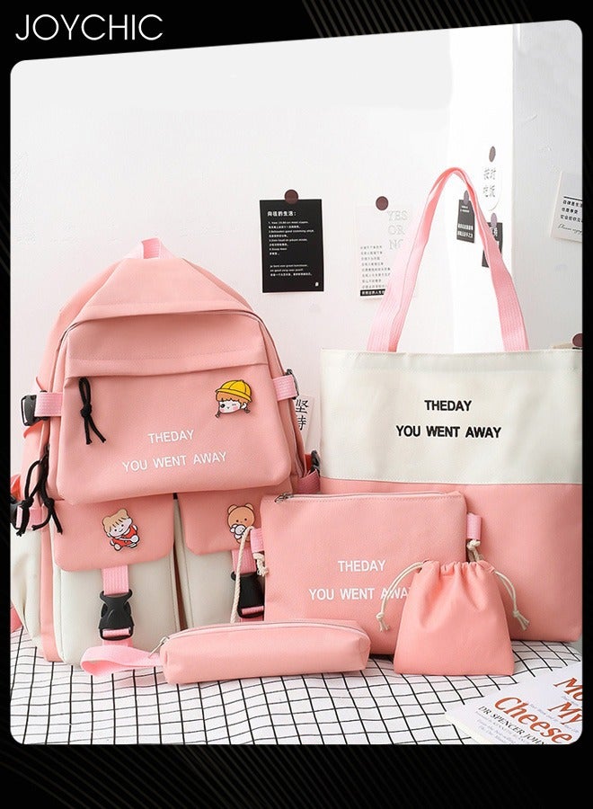Joychic طقم حقيبة مدرسية بسعة كبيرة حقيبة كتب قماش مقاومة للماء مع حقيبة أقلام للطلاب في المرحلة المتوسطة والثانوية والجامعة باللون الوردي - Image 1