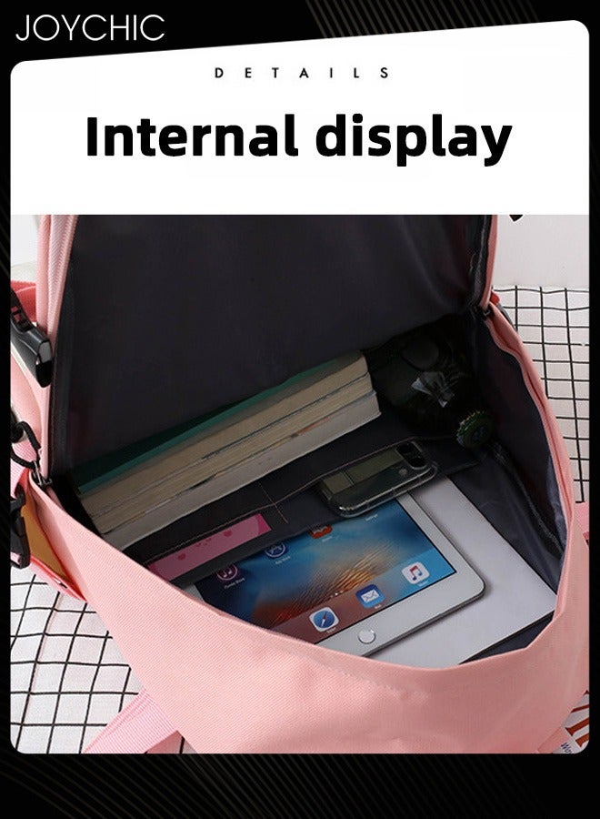 Joychic طقم حقيبة مدرسية بسعة كبيرة حقيبة كتب قماش مقاومة للماء مع حقيبة أقلام للطلاب في المرحلة المتوسطة والثانوية والجامعة باللون الوردي - Image 2