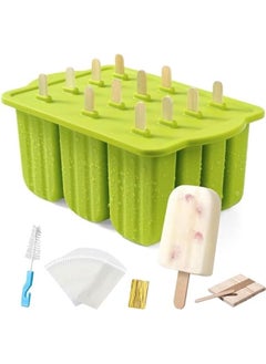 Popsicle Molds Silicone BPA-free,12 Pieces Popsicle Trays for Freezer,Homemade Ice Cream Popsicle Molds,Large Ice Pop Maker Set,Reusable Ice Lolly Mould with 50PCS Popsicle Sticks (Green)