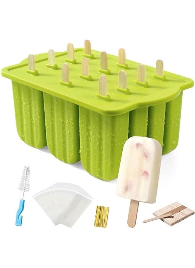 MIXDE - Popsicle Molds Silicone BPA-free,12 Pieces Popsicle Trays for Freezer,Homemade Ice Cream Popsicle Molds,Large Ice Pop Maker Set,Reusable Ice Lolly Mould with 50PCS Popsicle Sticks (Green) - Image 1