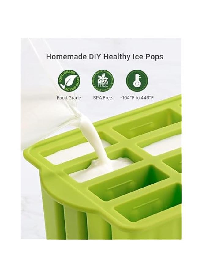 MIXDE - Popsicle Molds Silicone BPA-free,12 Pieces Popsicle Trays for Freezer,Homemade Ice Cream Popsicle Molds,Large Ice Pop Maker Set,Reusable Ice Lolly Mould with 50PCS Popsicle Sticks (Green) - Image 1
