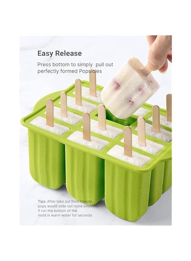 MIXDE - Popsicle Molds Silicone BPA-free,12 Pieces Popsicle Trays for Freezer,Homemade Ice Cream Popsicle Molds,Large Ice Pop Maker Set,Reusable Ice Lolly Mould with 50PCS Popsicle Sticks (Green) - Image 1