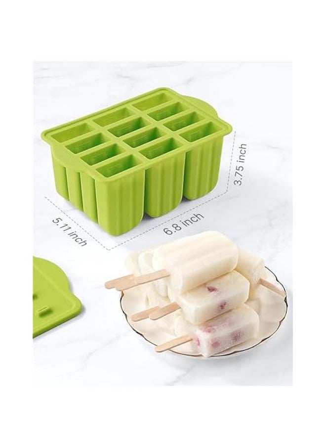 MIXDE - Popsicle Molds Silicone BPA-free,12 Pieces Popsicle Trays for Freezer,Homemade Ice Cream Popsicle Molds,Large Ice Pop Maker Set,Reusable Ice Lolly Mould with 50PCS Popsicle Sticks (Green) - Image 1