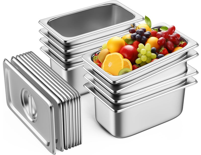 ZeroPone 8 Pack Hotel Pans with Lids, 1/4 Size 6" Deep Stainless Steel Steam Table Pan 22 Gauge Anti Jam Commercial Catering Food Pans for Hotel, Home, Party, Restaurant, Buffet - Image 1