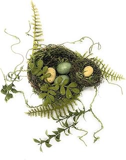Generic Generic Artificial Moss Covered Twig Double Bird Nest with Fern and Vine Accents. Moss Green Color. with 4 Eggs , 2  - Image 1
