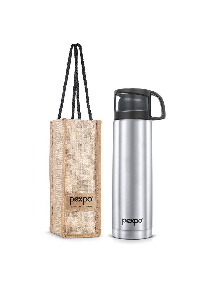 Pexpo Fererro Pro ISI Certified Vacuum Insulated Hot & Cold Stainless Steel Flask with Jute Bag - 1000ml, Silver | Thermoflask | for Travelling, Outing & Trekking, Office | RCB Edition - Image 1