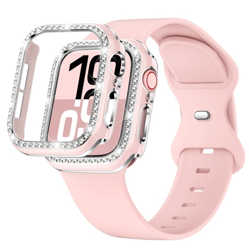 XYF Compatible for Pink Apple Watch Bands 46mm Series 11 10 Women with Bumper Case, Soft Silicone Strap Glitter Bling Face Cover for iWatch SE Ultra 3 2 Series 11 10 9 8 7 6 5 4 3 2 1 (Pinksand, 46/S11) - Image 1