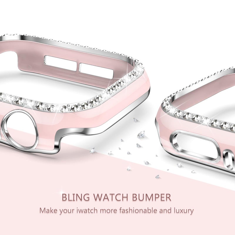 XYF Compatible for Pink Apple Watch Bands 46mm Series 11 10 Women with Bumper Case, Soft Silicone Strap Glitter Bling Face Cover for iWatch SE Ultra 3 2 Series 11 10 9 8 7 6 5 4 3 2 1 (Pinksand, 46/S11) - Image 4