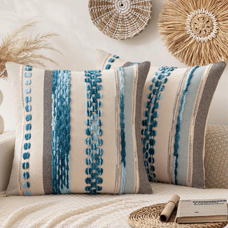 ANRODUO Pack of 2 Boho Decorative Throw Pillow Covers 18x18 Farmhouse Cushion Case Striped Chenille Pillow Cases Square Pillow Covers Accent Neutral Pillowcase for Sofa Couch Bed, Sky Blue Stripe 3 - Image 1