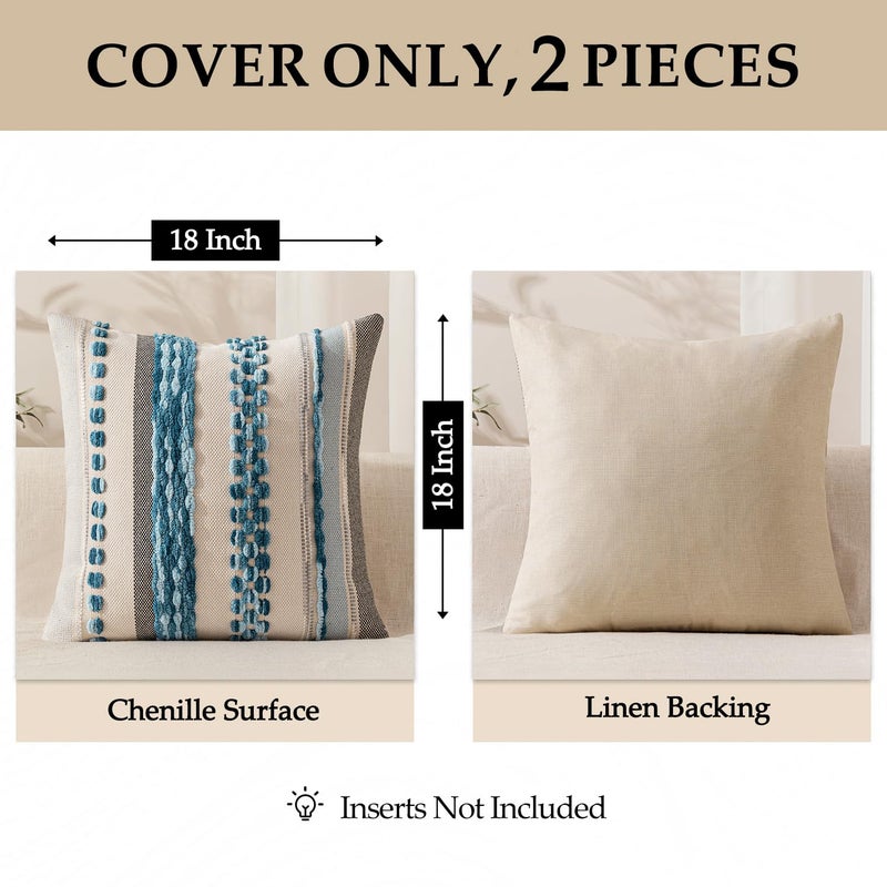 ANRODUO Pack of 2 Boho Decorative Throw Pillow Covers 18x18 Farmhouse Cushion Case Striped Chenille Pillow Cases Square Pillow Covers Accent Neutral Pillowcase for Sofa Couch Bed, Sky Blue Stripe 3 - Image 4