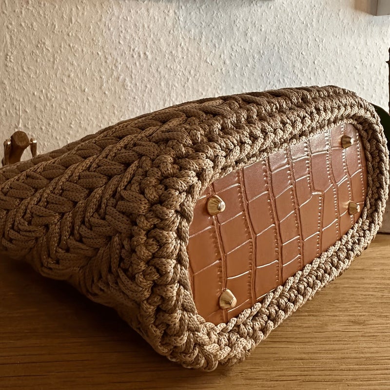 Black Crocodile Pattern Reinforced Bag Base Set with U Shaped Bamboo Handles - Image 3