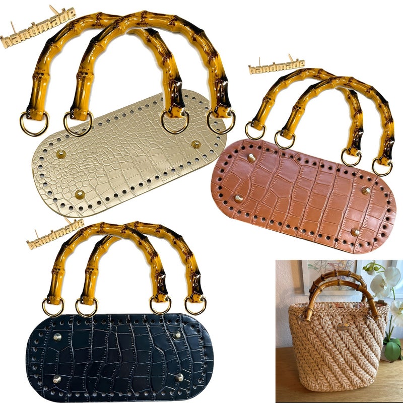 Black Crocodile Pattern Reinforced Bag Base Set with U Shaped Bamboo Handles - Image 1
