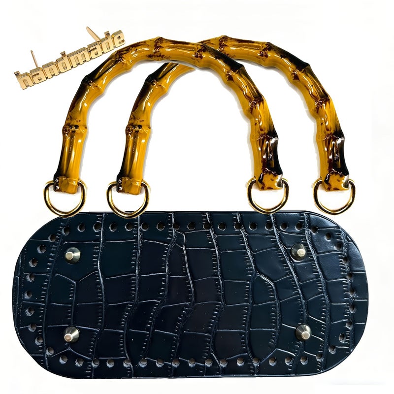 Black Crocodile Pattern Reinforced Bag Base Set with U Shaped Bamboo Handles - Image 5