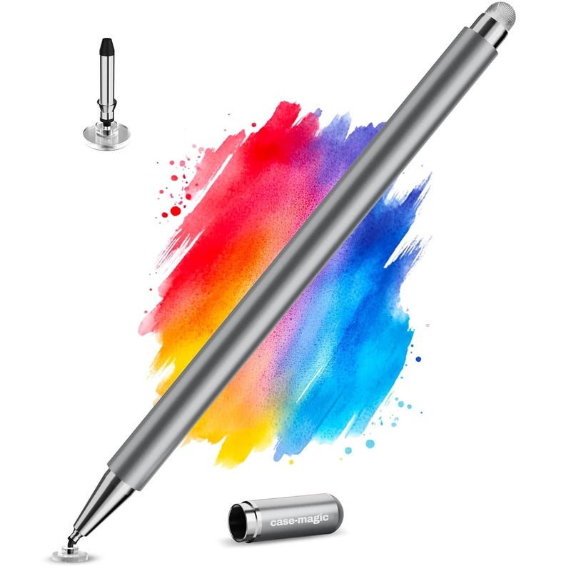 case-magic 2 in 1 Universal Stylus Pen with Fine Point Disc Tip+ Micro-Knit Hybrid Fiber Tip| for Smartphone/Tablet/iPad/Pro/Air/iPhone/iOS/Android/All Touch Screens| Aluminum Body (Grey) - Image 1