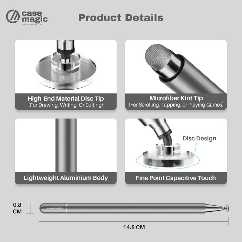 case-magic 2 in 1 Universal Stylus Pen with Fine Point Disc Tip+ Micro-Knit Hybrid Fiber Tip| for Smartphone/Tablet/iPad/Pro/Air/iPhone/iOS/Android/All Touch Screens| Aluminum Body (Grey) - Image 4