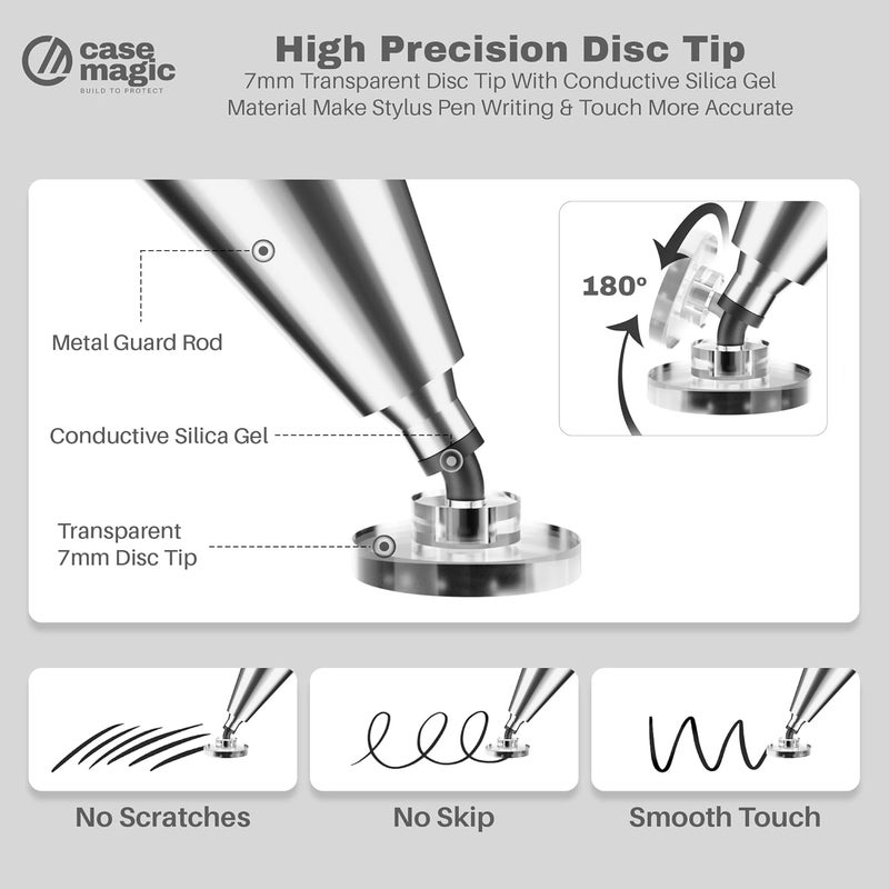 case-magic 2 in 1 Universal Stylus Pen with Fine Point Disc Tip+ Micro-Knit Hybrid Fiber Tip| for Smartphone/Tablet/iPad/Pro/Air/iPhone/iOS/Android/All Touch Screens| Aluminum Body (Grey) - Image 3