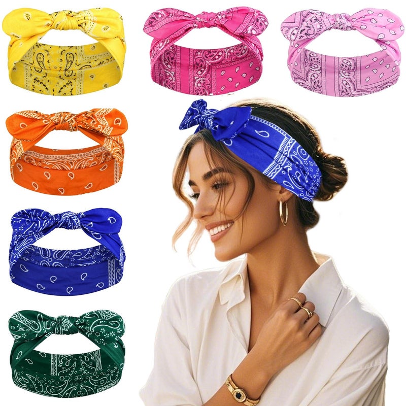 Tobeffect Bandana Headbands for Women Boho Style Paisley Print - Elastic Bow Head Bands for Womenâ€™s Hair Non Slip - Wide Headwraps with Bows Vintage, Cute Hairbands Hair Accessories 6 Pack - Image 1