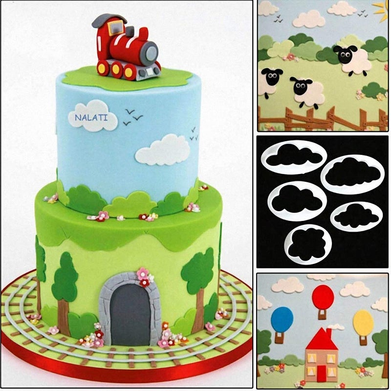 Fewo Fewo Set of 9 Hot Air Balloons Cloud Plastic Fondant Cutting Mold Grass Sheep Biscuits Gum Paste Sugar Craft Cookie Cutter Baby Shower Party Cake Cupcake Decorating Tools  - Image 4