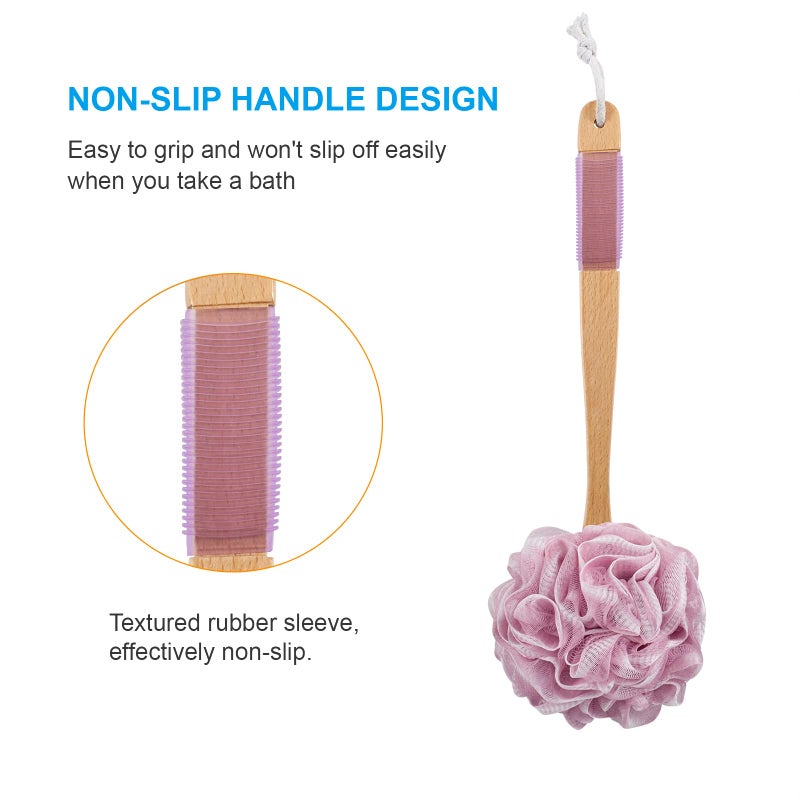 AmazerBath Shower Sponge Loofah Back Scrubber, PE Soft Mesh Loofah Body Scrubber with Long Wooden Handle, Bath Sponge for Men Women (Pink) - Image 3