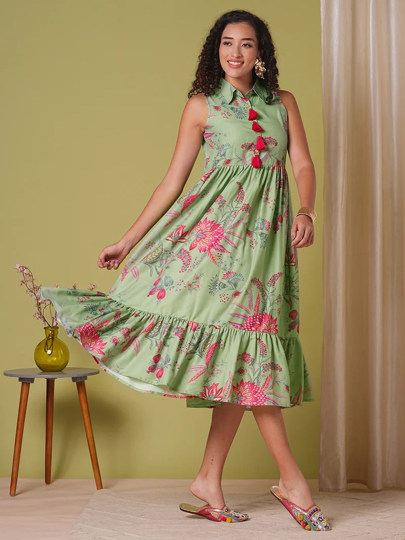 جلو باص Globus Women Green Shirt Collar Floral Print Tassel Detail Gathered A-Line Tiered Midi Fusion Dress