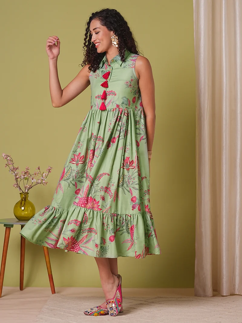 جلو باص Globus Women Green Shirt Collar Floral Print Tassel Detail Gathered A-Line Tiered Midi Fusion Dress
