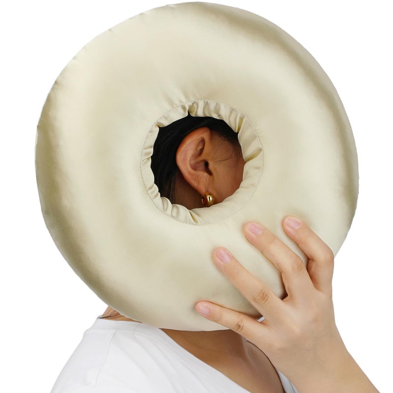 Heal n Hope Silky Satin Piercing Pillow Ear Pillows Donut with Hole for Ear Pain CNH Piercing Pain Relief Sleeping Pressure Sore Side Sleepers Smooth Cooling Ear Guard Protector, Champagne - Image 1