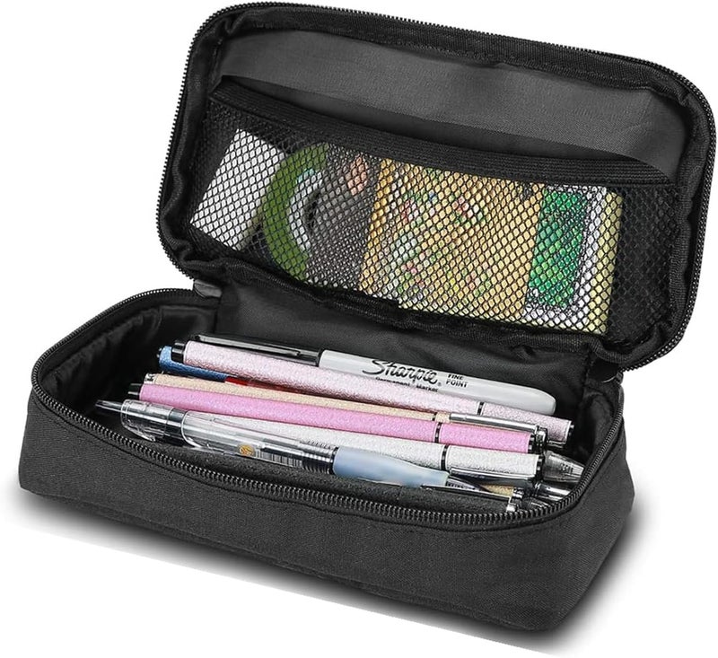 Sulfar Pencil Bag Pen Case, Students Stationery Pouch Pencil Holder Desk Organizer with Double Zipper, Portable Pencil Pouch for School Office Supplies (Black) - Image 2