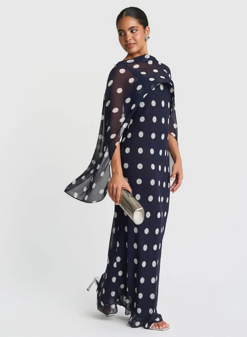 Needs No Label Navy Spot Chiffon Cape Maxi Dress