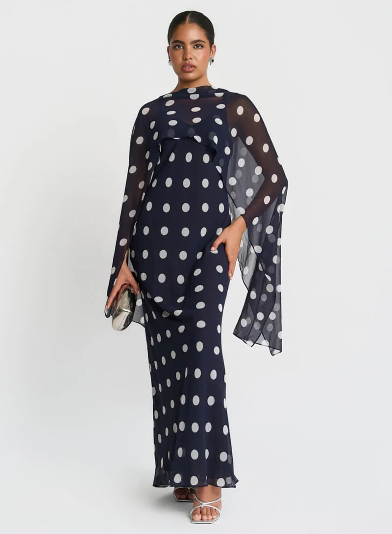 Navy Spot Chiffon Cape Maxi Dress