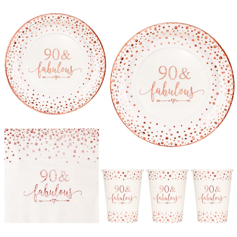 Crisky Rose Gold Foil 90 Fabulous Napkins Plates Cups Set for Women 90th Birthday Party Decorations Supplies Disposable Tableware Set of 24 9 Plates 7 Plates Luncheon Napkins 9oz Cups