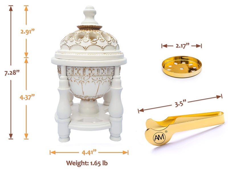 AM Charcoal Incense Burner - Bakhoor Burner, Oud Frankincense Resin Burner for Office & Home Decor - Lavish 4 Pillar (White) - Image 2