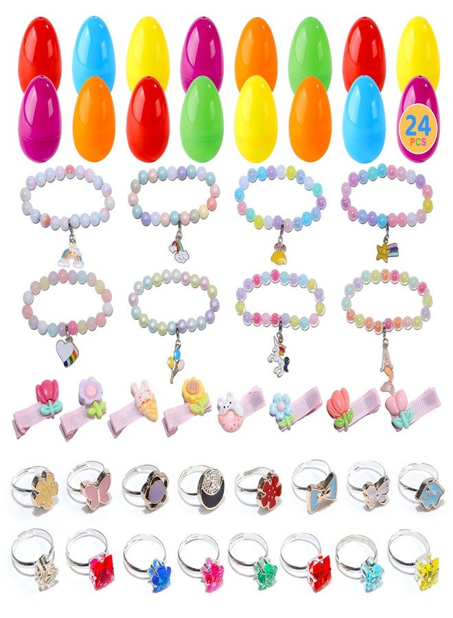 CUTE STONE 24 Pack Filled Easter Eggs Toys with Bracelets, Rings and Hair Clip Inside, Easter Basket Stuffers Party Favors for Toddler, Girls and Kids - Image 1