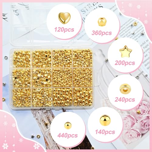 Looconi 1500pcs Gold Spacer Beads Set, Assorted Round Star Gold Beads for Bracelet Jewelry Making - Image 3