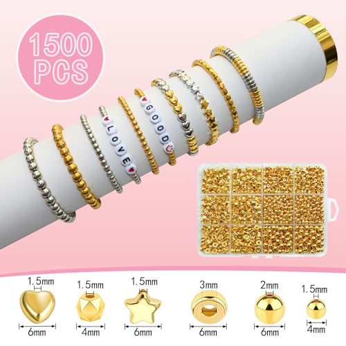 Looconi 1500pcs Gold Spacer Beads Set, Assorted Round Star Gold Beads for Bracelet Jewelry Making - Image 2